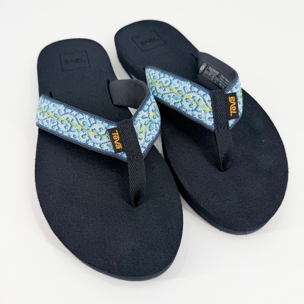 Teva Mush II Black Blue Yellow Patterned Thong Flip Flop Sandals Womens 8 4198